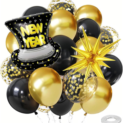 New Years Eve 2026 Balloons – 22in Black & Gold Star Confetti Mylar