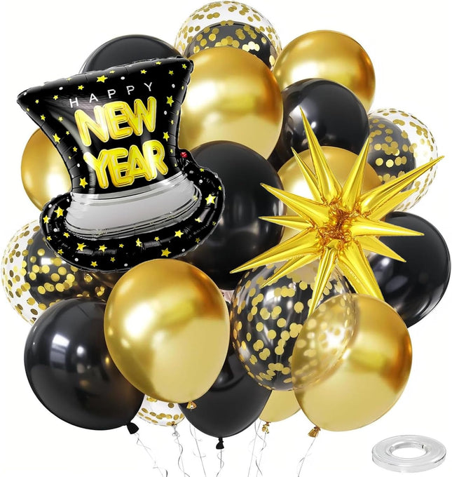 New Years Eve 2026 Balloons – 22in Black & Gold Star Confetti Mylar