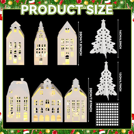 10PCS Lighted Xmas Village Houses – 3D Winter Paper Decoration Set