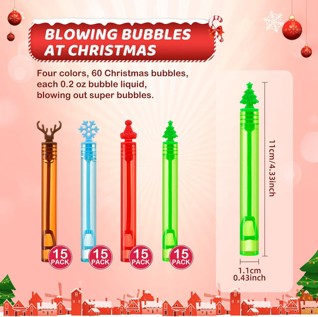 60-Pack Christmas Bubble Wands – Mini Bubble Toys for Holiday Party Favors