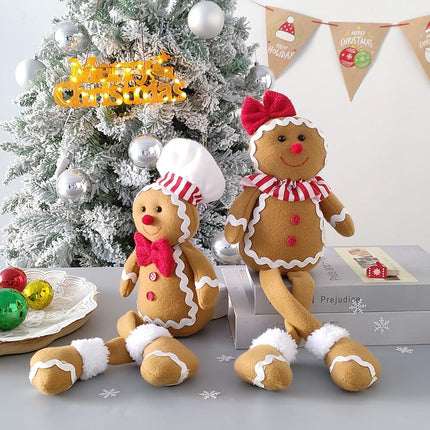 Christmas Plush Gingerbread Figures Boy & Girl with Chef Hat, Bowknot Ornaments Home