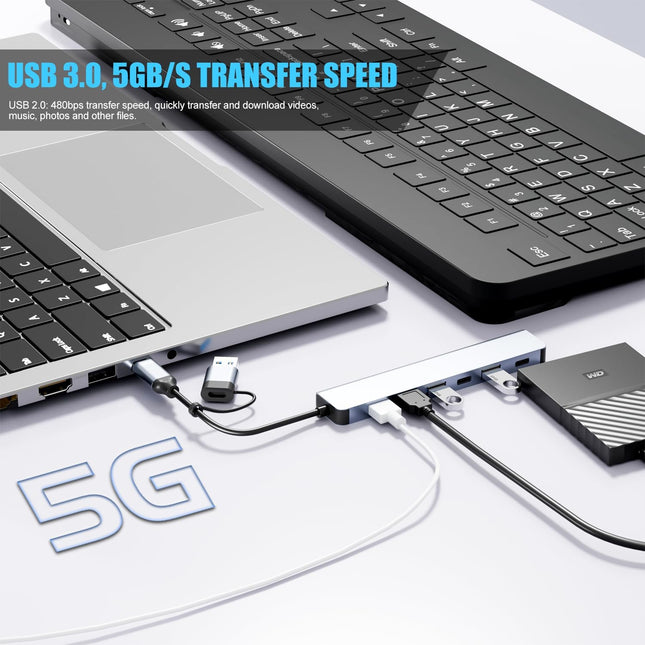 Aluminum USB C Hub 7 in 1 Adapter for MacBook PC Laptop and More Devices