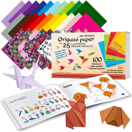 100PCS Origami Paper Set – 20 Colors, 6x6 + Book for Kids Crafts & Gifts