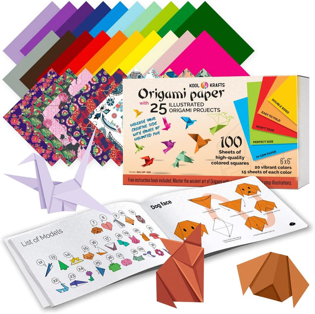 100PCS Origami Paper Set – 20 Colors, 6x6 + Book for Kids Crafts & Gifts