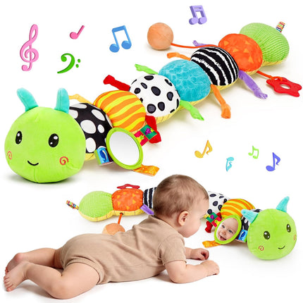 Baby Sensory Toys 0-6 Months, Musical Plush Caterpillar with Mirror & Rattle