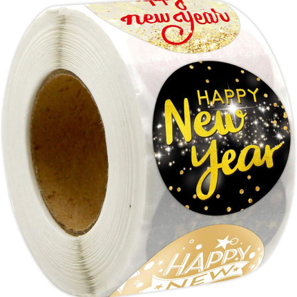 500-Piece Happy New Year Labels – Black & Gold Glitter Stickers for Party