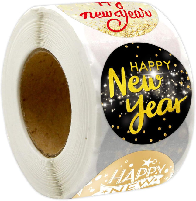 500-Piece Happy New Year Labels – Black & Gold Glitter Stickers for Party