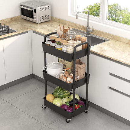 3-Tier Rolling Utility Cart with Wheels, Black Plastic Storage Trolley with Lockable Casters