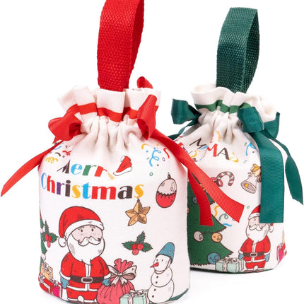 2PCS Christmas Drawstring Gift Bags Red Green Canvas Santa Bags 4x7 Inch