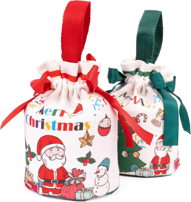 2PCS Christmas Drawstring Gift Bags Red Green Canvas Santa Bags 4x7 Inch