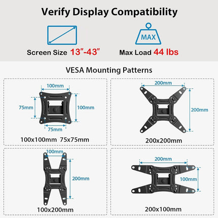 Full Motion TV Wall Mount – Echo Show 13–43" & Flat/Curved TVs, 44lbs