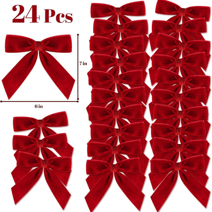 24pcs Red Velvet Christmas Bows – 7x6 inch Medium Burgundy Ribbon Ornaments