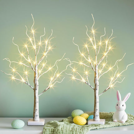 Easter Birch Tree with LED Lights – 2PK, Warm White Light, Battery Powered, Timer