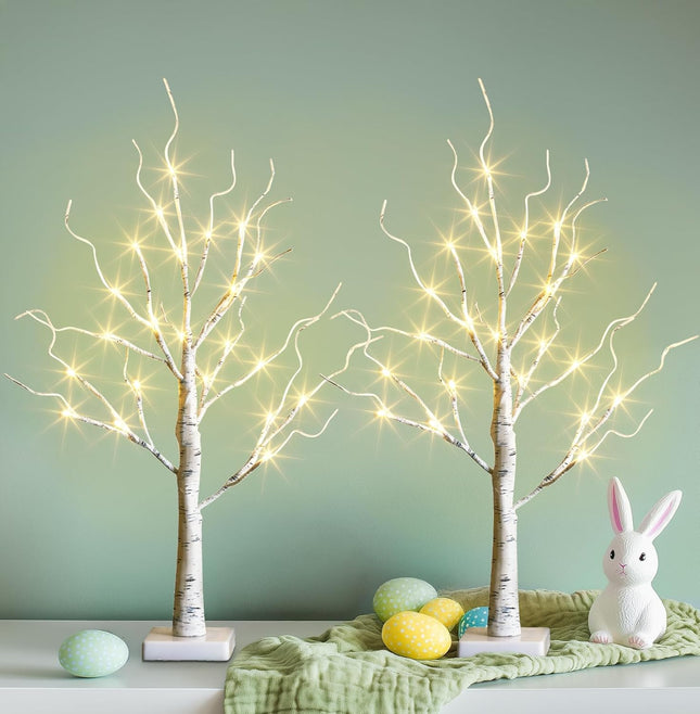 Easter Birch Tree with LED Lights – 2PK, Warm White Light, Battery Powered, Timer