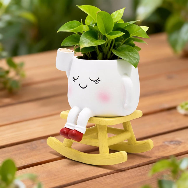 Smiley Face Rocking Chair Planter – Cute Resin Pot with Drainage for Succulents
