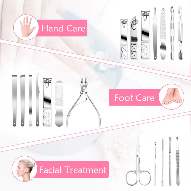 18PCS Manicure Pedicure Set, Stainless Steel Nail Clippers Grooming Kit with Case