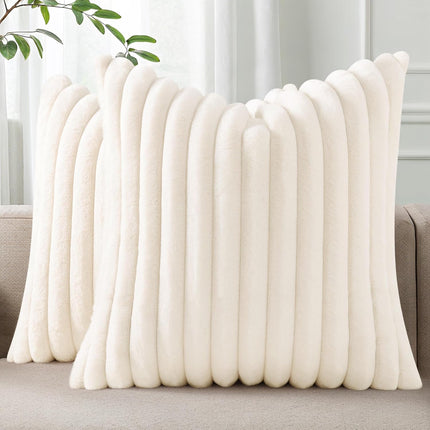 Faux Fur Throw Pillow Covers 18x18, Set of 2 – Soft Fluffy Striped Cream