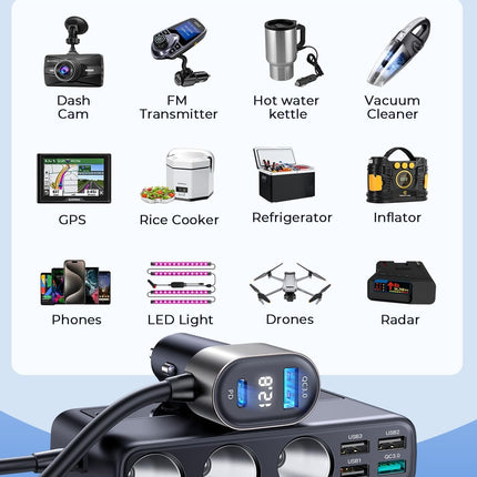 9-in-1 Cigarette Lighter Splitter, 210W Car Charger, PD/QC 3.0, 12V/24V