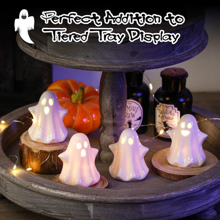 4-Piece Ceramic Ghost Lights, LED Halloween Figurines with Timer for Tabletop Decor