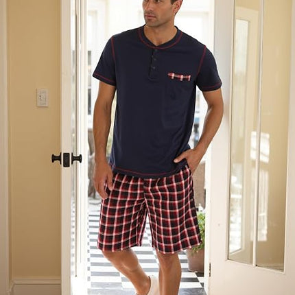 Men’s Cotton Pajama Set Short Sleeve Sleepwear Shorts with Pockets Size S-3XL