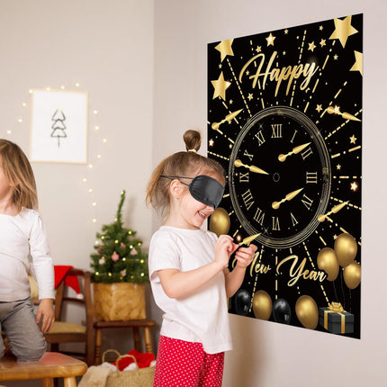 New Years Eve 2026 Countdown Game – Large Pin the Clock Poster for Kids