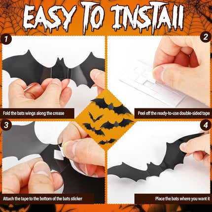 140-Piece 3D Halloween Bat Stickers, PVC Wall Decals for Indoor Outdoor Decor