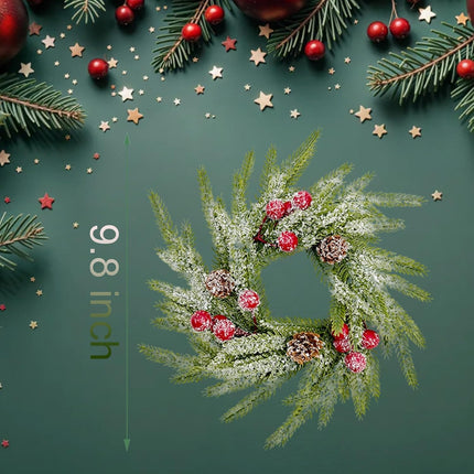 Christmas Candle Ring Wreath – Norfolk Pine with Red Berries & Snowy Pinecones