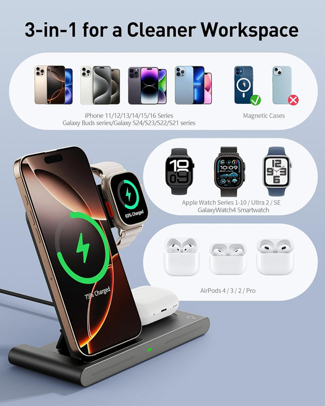 2026 Portable Wireless Fast Charger, 3-in-1 for iPhone, Apple Watch, AirPods