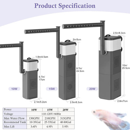 15W Aquarium Filter 210GPH for 25-55 Gallon Fish Tanks, 3-in-1 Submersible Pump