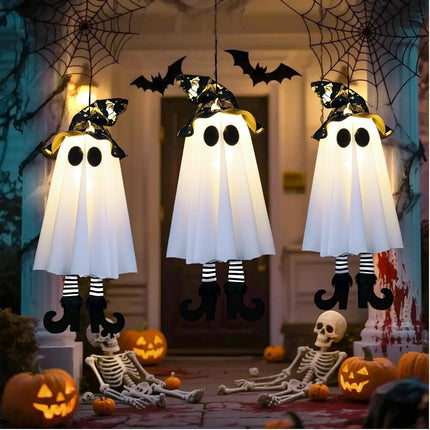 3-Pack 19in Light-Up Hanging Ghosts with Witch Hats, Halloween Yard & Patio Decor