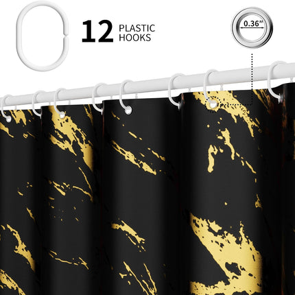 Black Gold Marble Shower Curtain 72x72, Modern Fabric Bathroom Curtain with Hooks
