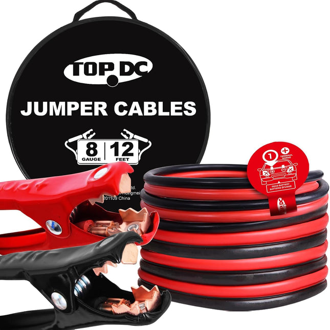 12 Feet 8 Gauge Jumper Cables – Heavy Duty for Jump Starting Car Batteries with Carry Bag