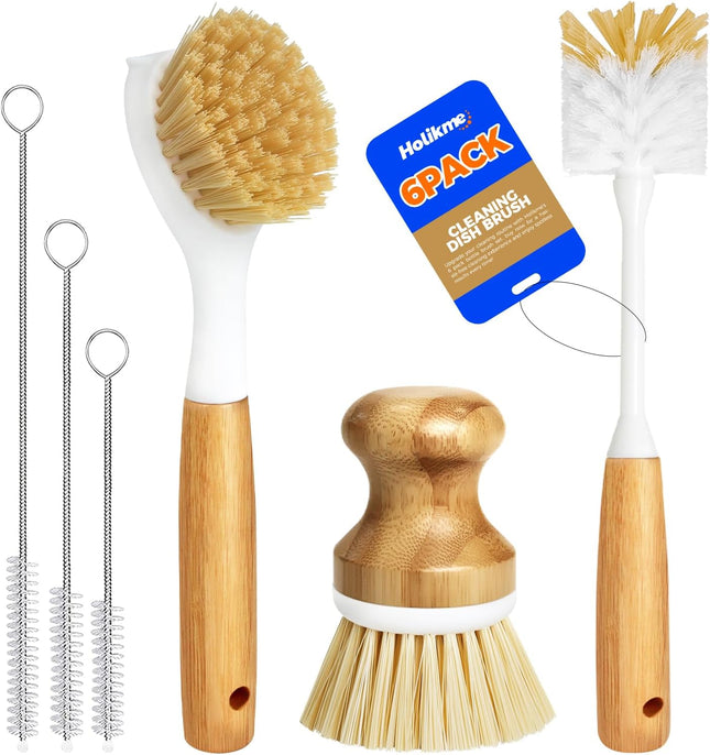 6 Pack Dish Brush Set with Bottle Brush Scrubber Long Handle Kitchen Tools