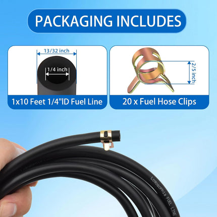10FT 1/4" ID Fuel Line Hose with 20 Clamps, Flexible Rubber Hose for Small Engines