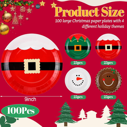 100-Piece Christmas Paper Plates 9-Inch Disposable Santa Dinnerware Set for Xmas