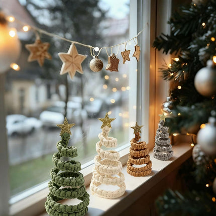 4pcs Mini Christmas Trees with Glitter Stars, Rustic Tabletop Holiday Decor