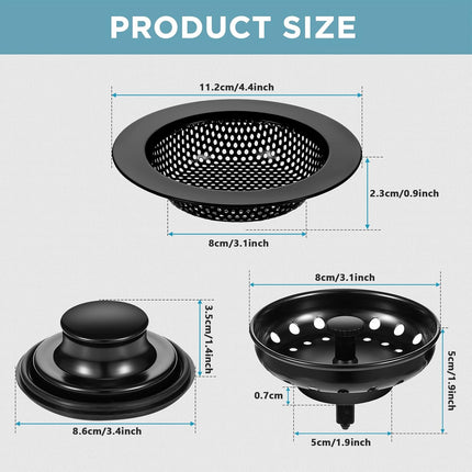 3-Piece Kitchen Sink Drain Strainer & Stopper – Stainless Steel, Black
