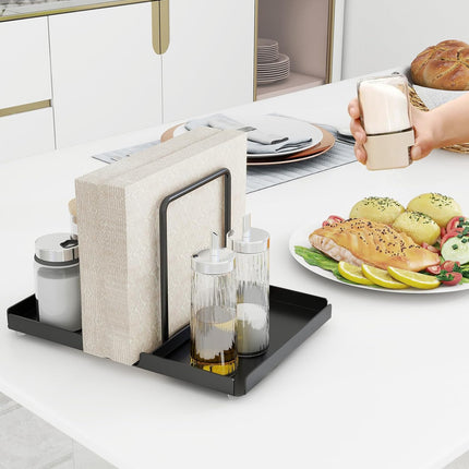 Metal Napkin Holder with Salt & Pepper Shakers – Tabletop Storage, Black