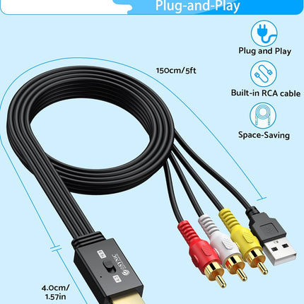 RCA to HDMI Cable Converter – 1080P@60Hz AV to HDMI Adapter, 5FT