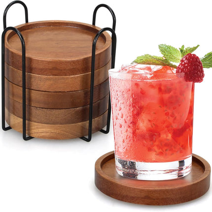 6 Pcs Wooden Coasters with Holder – Acacia Wood Coaster Set for Drinks & Table Decor