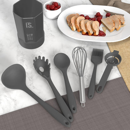 Silicone Kitchen Utensil Set Gray BPA Free Dishwasher Safe Spatula Tongs Spoon Tools