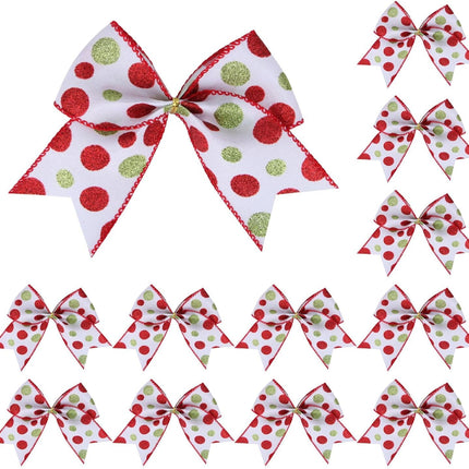 12pcs Red & Green Christmas Ribbon Bows – 6" Glitter Dot Cartoon Tree Décor