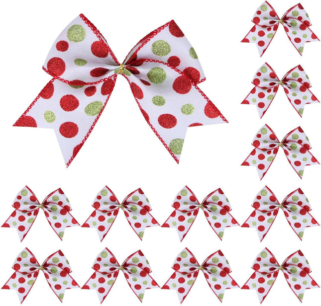 12pcs Red & Green Christmas Ribbon Bows – 6" Glitter Dot Cartoon Tree Décor