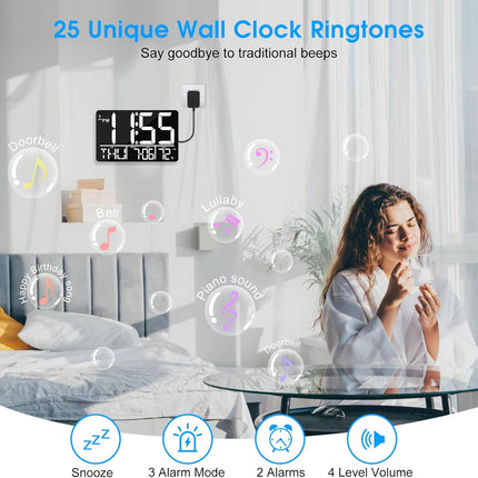 Bluetooth Digital Wall Clock with Remote, Auto DST & 25 Alarm Tones