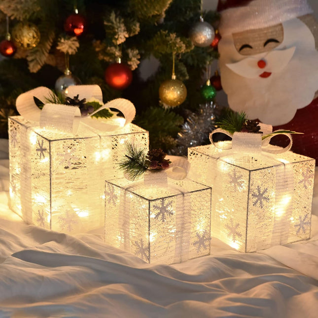 Warm White LED Lighted Gift Boxes Set of 3 Christmas Ornaments with Bows