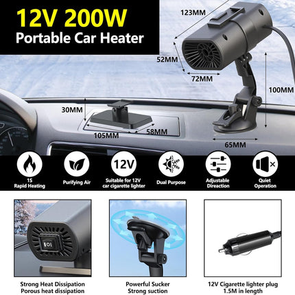 Portable Car Heater for Winter – 12V, 200W, Cigarette Lighter Plug for Defrost & Defog