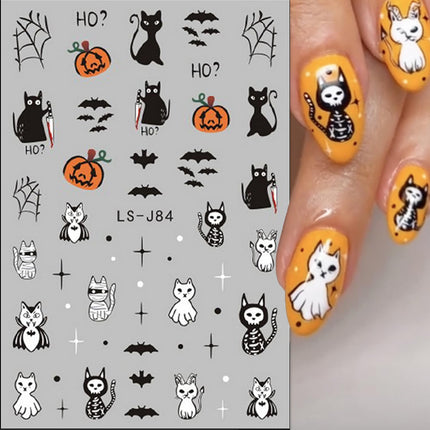6-Piece Halloween Nail Art Stickers, 3D Ghost Pumpkin Bat Cat Skull Nail Decals