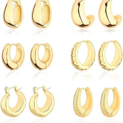 6-Pair Gold Hoop Earrings – 14K Plated, Chunky, Hypoallergenic for Women