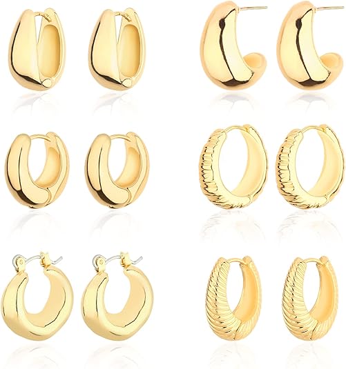 6-Pair Gold Hoop Earrings – 14K Plated, Chunky, Hypoallergenic for Women