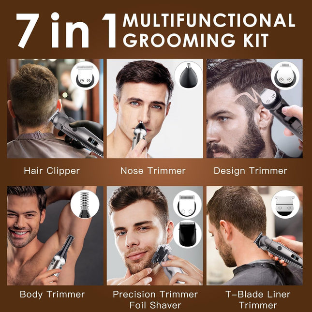 7-in-1 Beard Trimmer for Men, Waterproof Cordless Hair Clipper & Grooming Kit